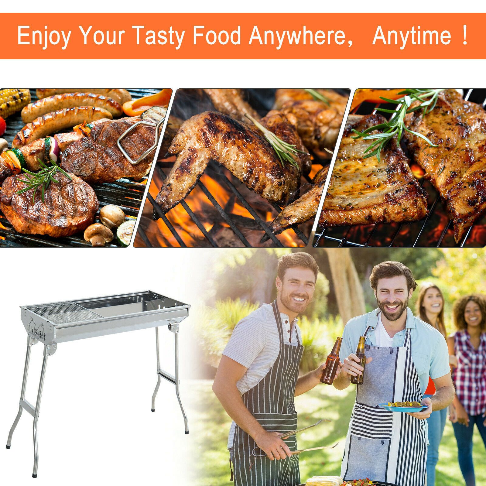 29" Fordable BBQ Charcoal Grill Stainless Steel Backyard Cooker Silver Party - 371830385893-Quality Home Distribution