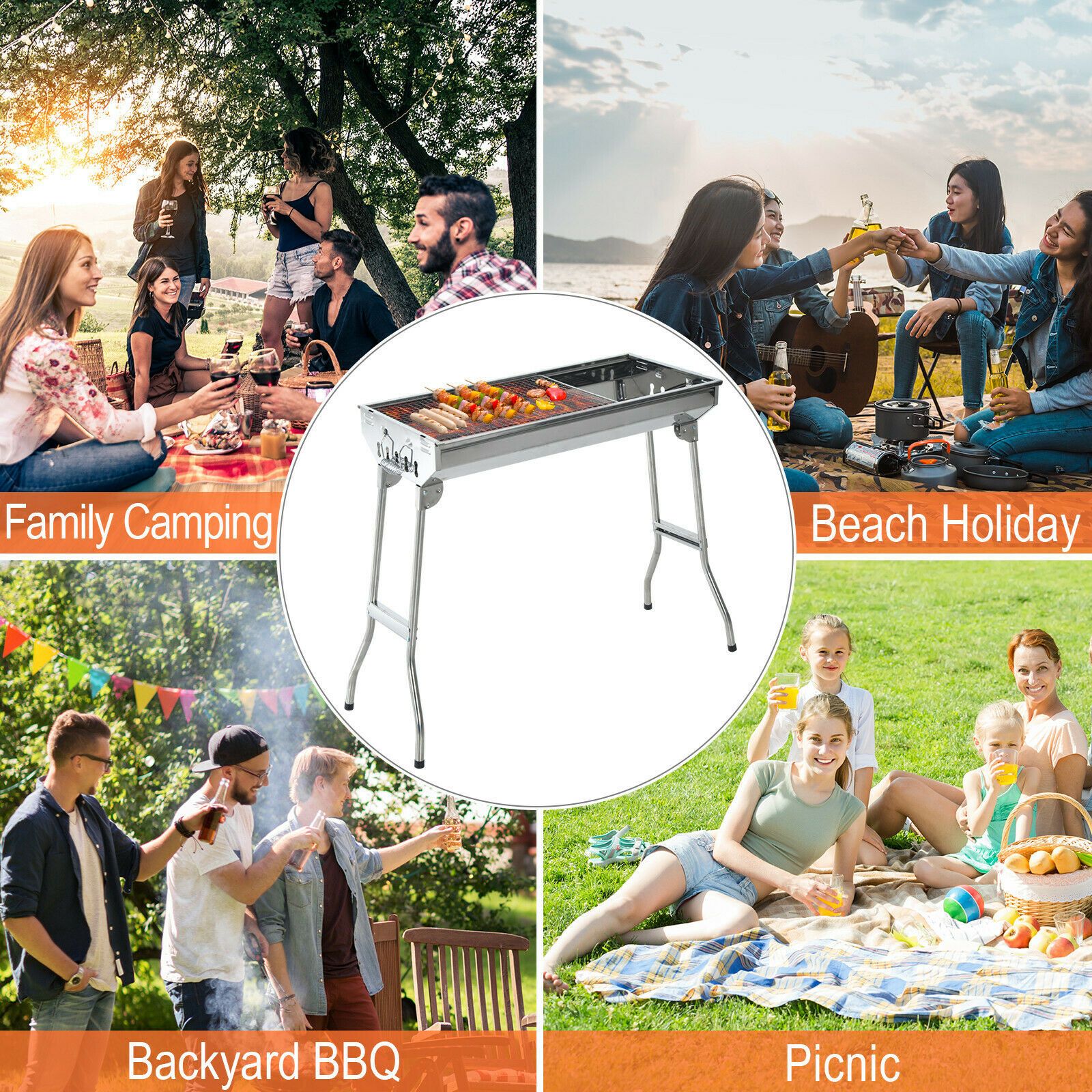 29" Fordable BBQ Charcoal Grill Stainless Steel Backyard Cooker Silver Party - 371830385893-Quality Home Distribution
