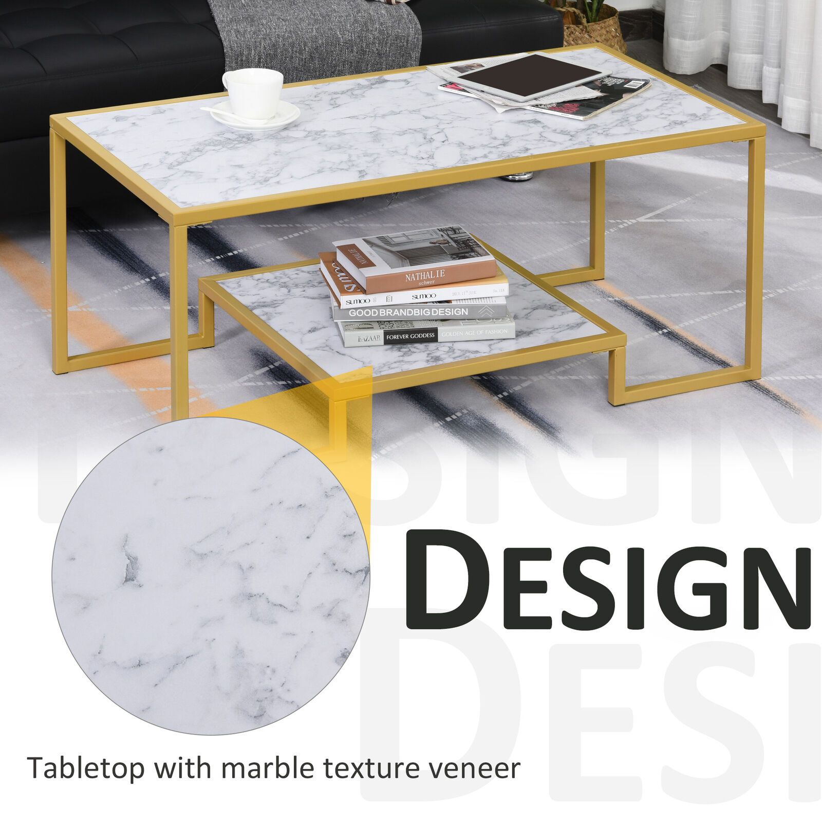 Modern Living Room Side End Table with Underneath Storage Shelf, White & Gold - 353147175262-Quality Home Distribution