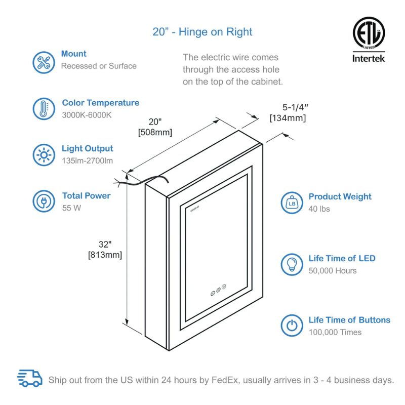Blossom Asta LED Medicine Cabinet with Built-In Defogger and Triple Mirror Design - Quality Home Distribution