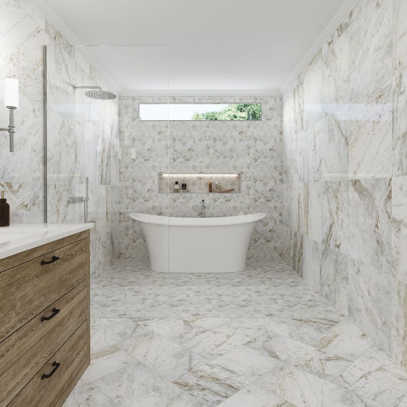 American Olean Mythique Marble Majestic Matte Arabesque Tile - Lifestyle (Bathroom)