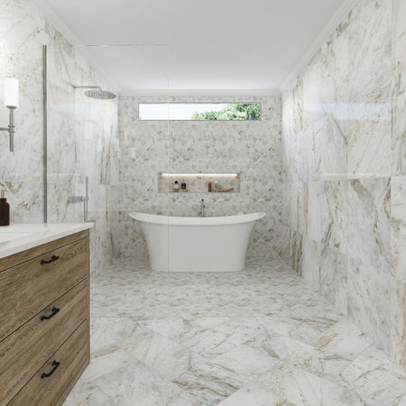 American Olean Mythique Marble Majestic Matte Arabesque Tile - Lifestyle (Bathroom)