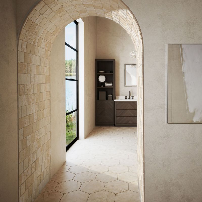 American Olean Mythique Marble Botticino Tile - Lifestyle (Bathroom  Door Arc)