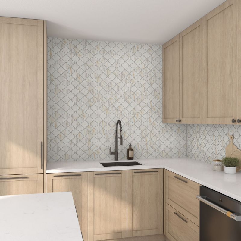 American Olean Mythique Marble Calacatta Venecia Matte Arabesque Porcelain Mosaic Tile - Lifestyle