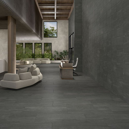 American Olean Theoretical Evolved Abstract Black Concrete-Look Porcelain Tile - Quality Home Distribution