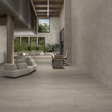 American Olean Theoretical Evolved Hibernate Brown Concrete-Look Porcelain Tile - Lifestyle