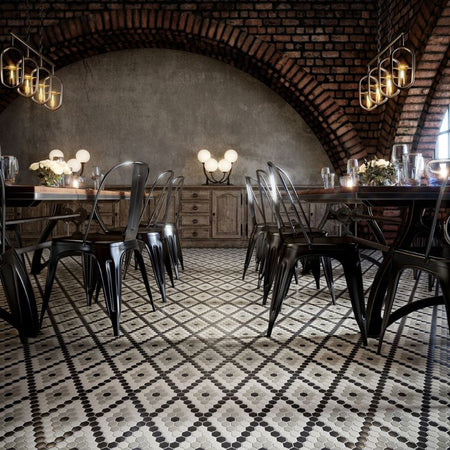 American Olean Unglazed Mosaics Ice White / Black / Lt Smoke Hex Tile - Lifestyle