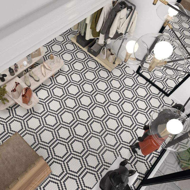 American Olean Unglazed Mosaics Ice White/Black Hex Porcelain Tile - Lifestyle