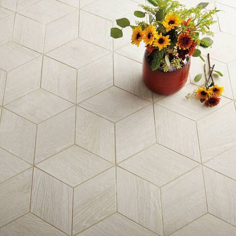 Daltile Emerson Wood Ash White Wood-Look Porcelain Tile - 3D Cube Lifestyle