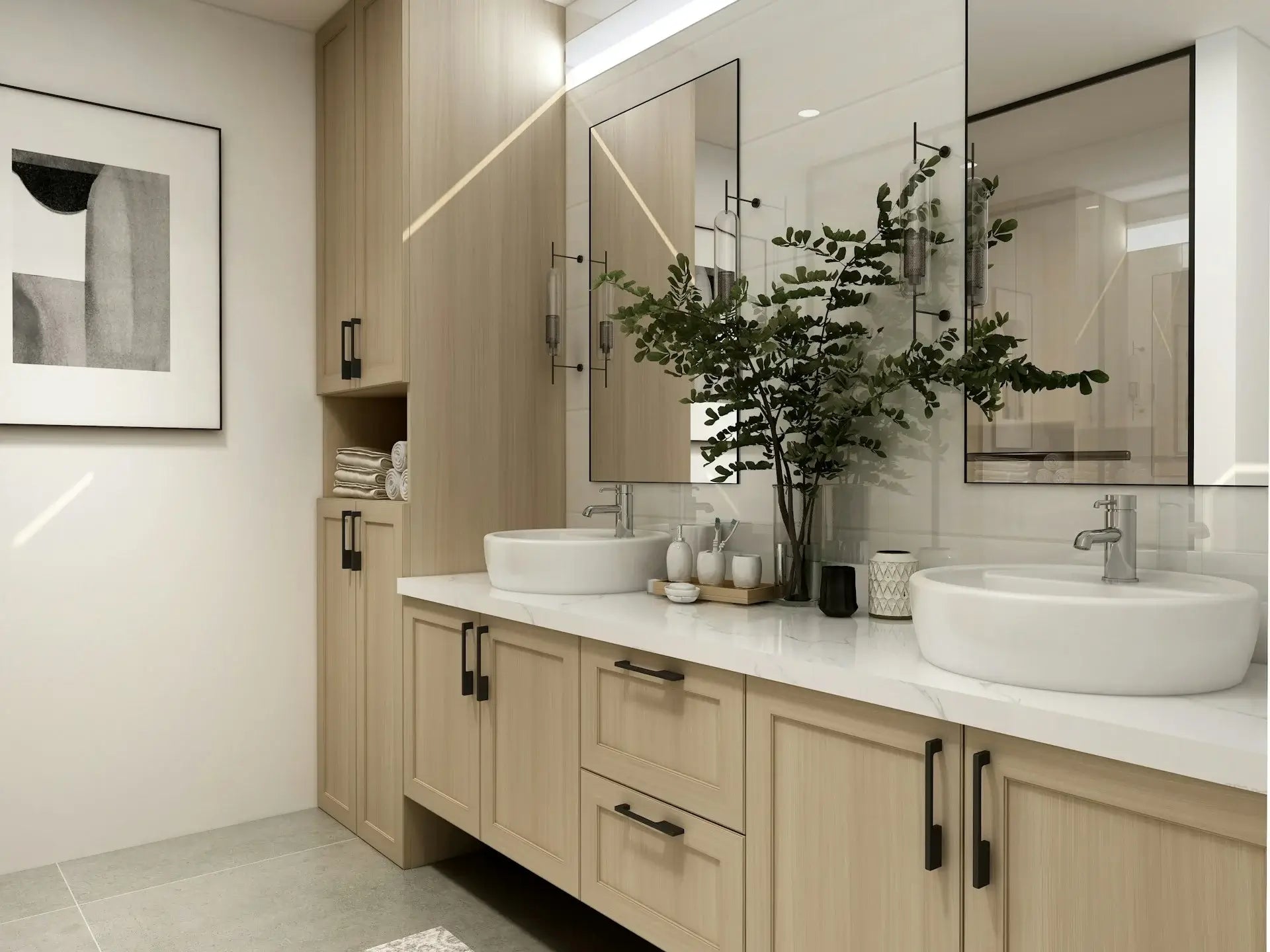 Bathroom with double vanity, mirrors, and decorative elements. Gallery - Quality Home Distribution