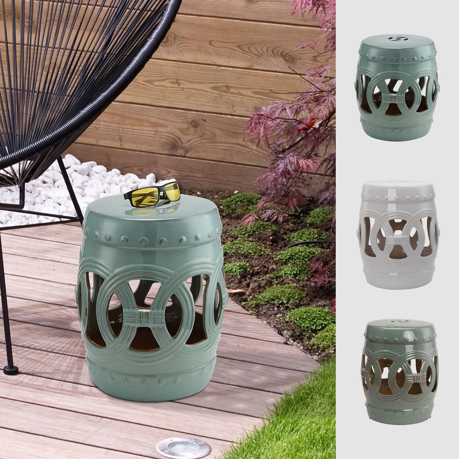 14"x18" Small Ceramic Outdoor Patio Knotted Rings Garden Stool End Table - 372964828194-Quality Home Distribution