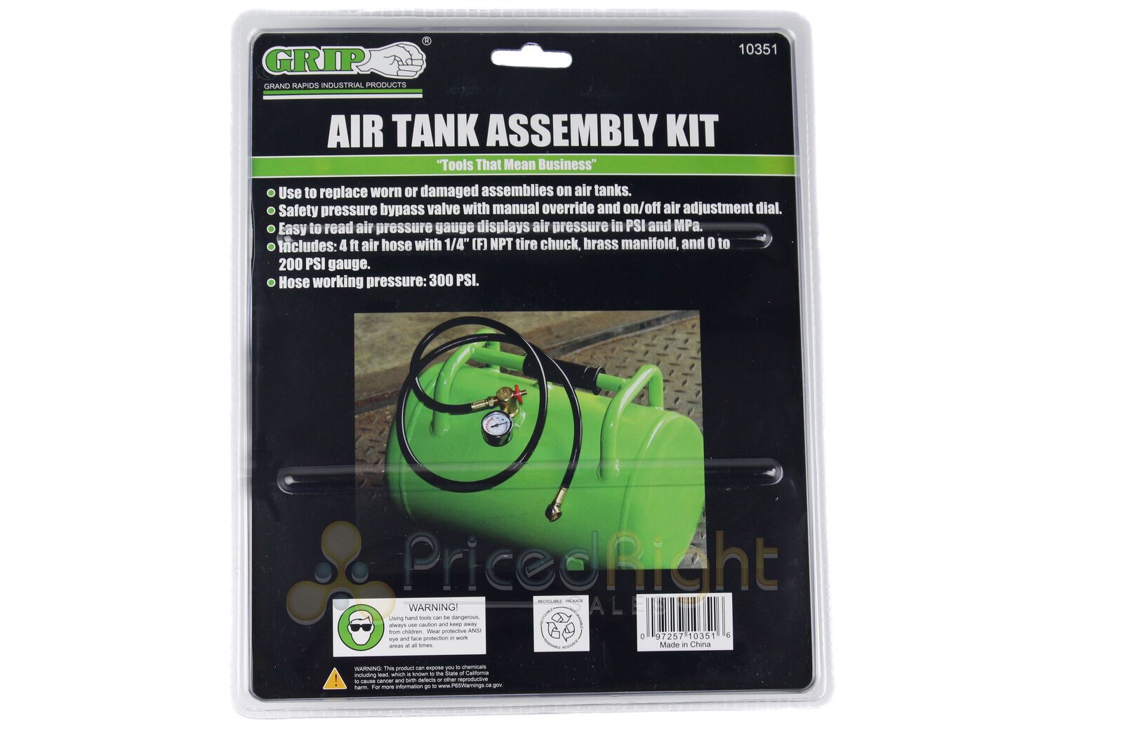 Air Tank Assembly Kit 4 ft Hose 0-200 PSI Gauge 1/4" NPT Tire Chuck GRIP 10351 - 183806182427-Quality Home Distribution