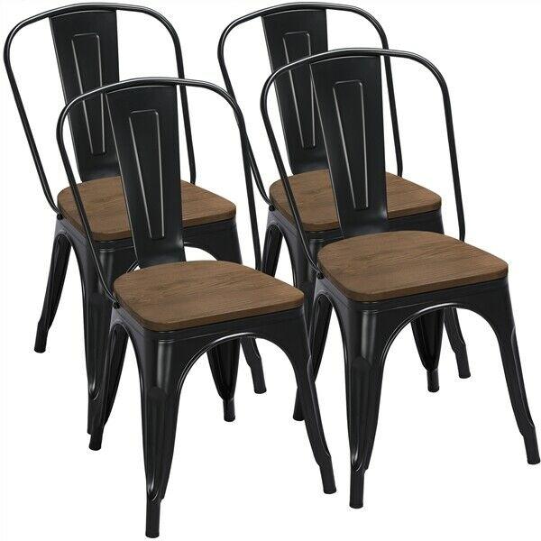 Metal Dining Chairs w/Wood Seat Stackable Side Chairs Kitchen Bistro Chair Black - 283659516237-Quality Home Distribution