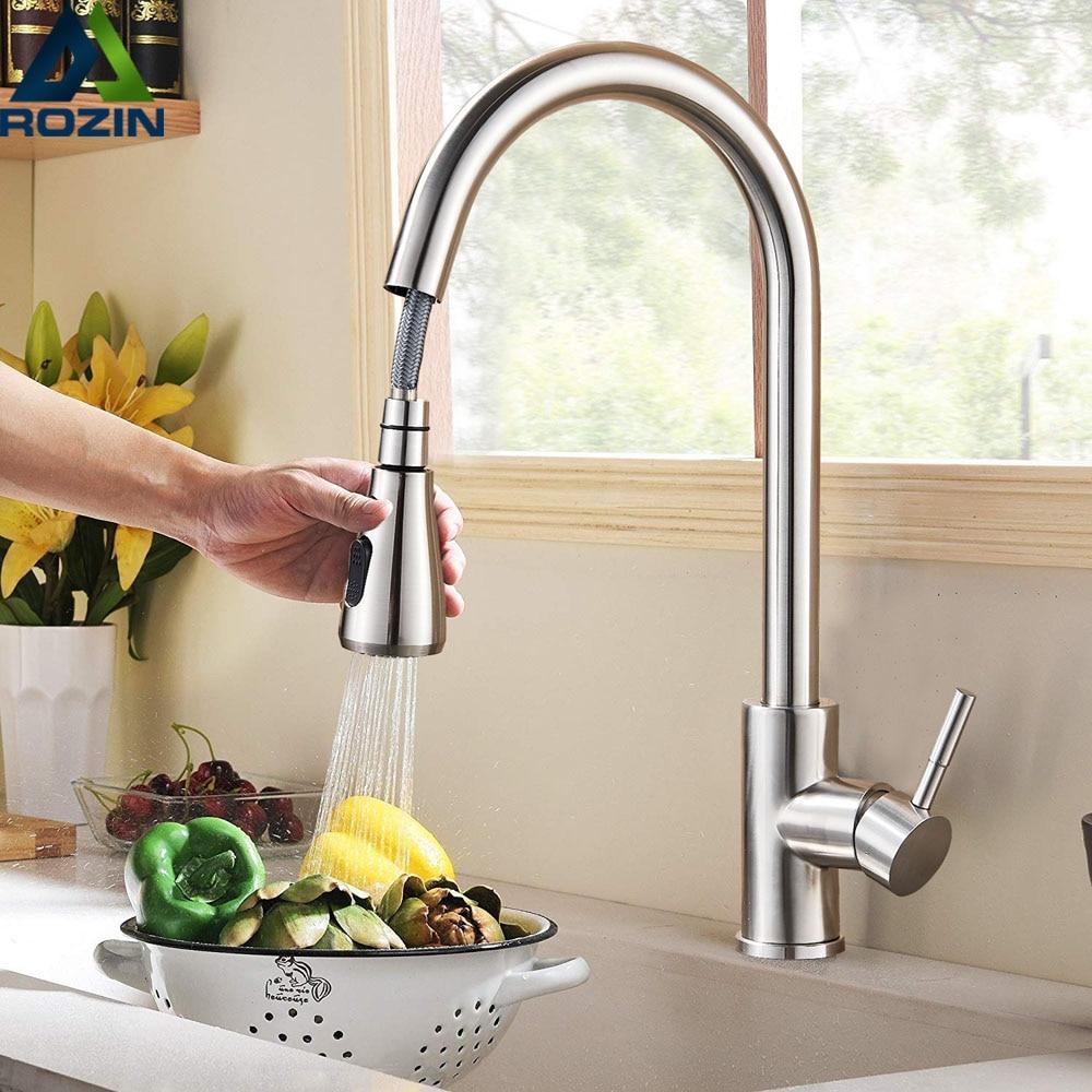 Rozin Brushed Nickel Kitchen Faucet Single Hole Pull Out Spout Kitchen Sink Mixer Tap Stream Sprayer Head Chrome/Black Mixer Tap|Kitchen Faucets| - 14:1254;200007763:201336106-Quality Home Distribution